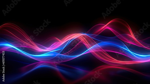 Red blue wavy neon lines, electronic music virtual equalizer sound wave visualization. Ultraviolet light abstract background created with Generative Ai Technology