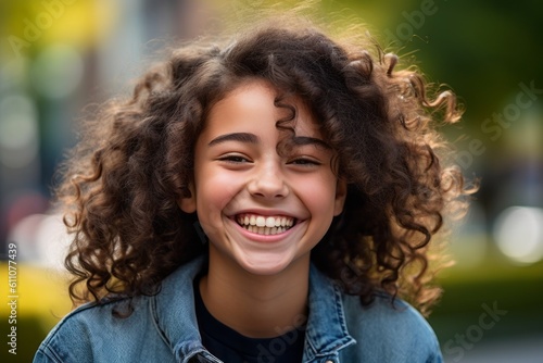 Headshot portrait photography of a glad kid female laughing against a vibrant city park background. With generative AI technology