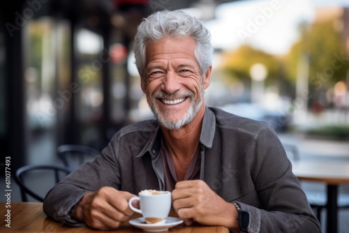 Medium shot portrait photography of a grinning mature man having breakfast against a vibrant city park background. With generative AI technology