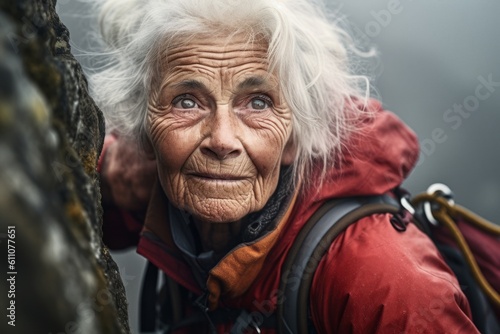 Close-up portrait photography of a glad old woman practicing rock climbing against a scenic mountain overlook background. With generative AI technology