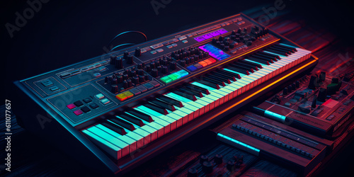 Captivating 80s synthesizer image with vibrant, pulsating keys representing the innovative fusion of electronic and traditional instruments defining the era's bold musical evolution. Generative AI photo