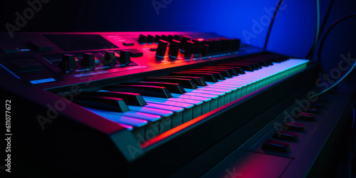 Vibrant 80s synthesizer image with pulsating energy-emitting keys, encapsulating daring experimentation and genre-defying fusion of electronic and traditional instruments. Generative AI