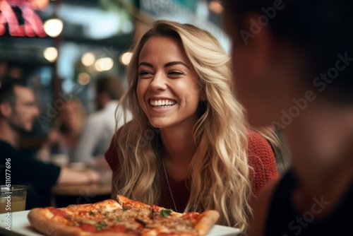 Close-up portrait photography of a joyful girl in her 30s eating a piece of pizza against a bustling cafe background. With generative AI technology