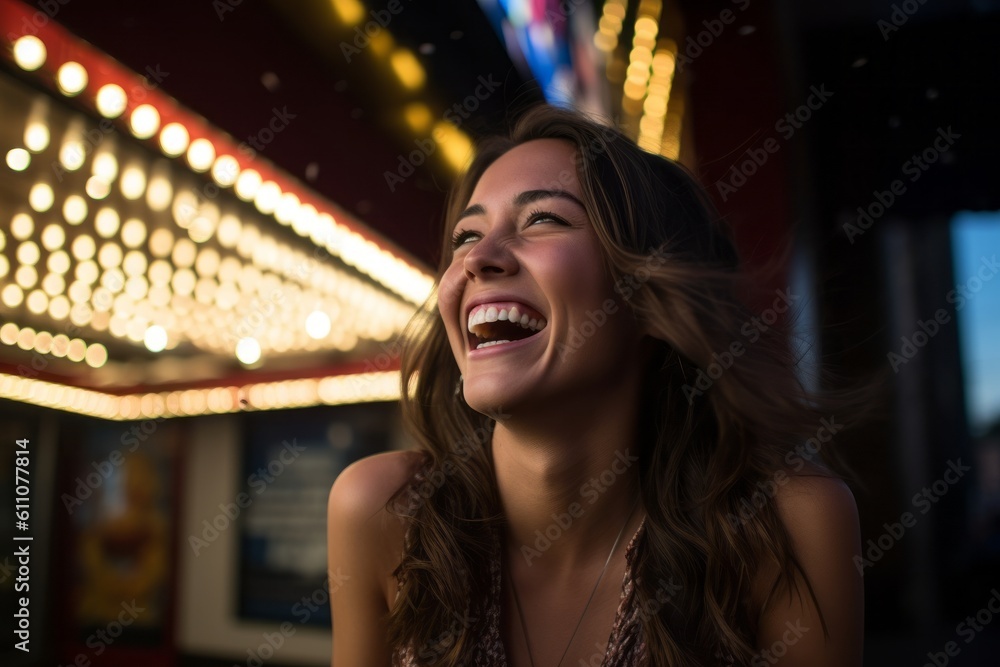 Medium shot portrait photography of a glad girl in her 30s laughing against a classic movie theater background. With generative AI technology Medium shot portrait photography of a glad girl in her 30s laughing against a classic movie theater background. With generative AI technology