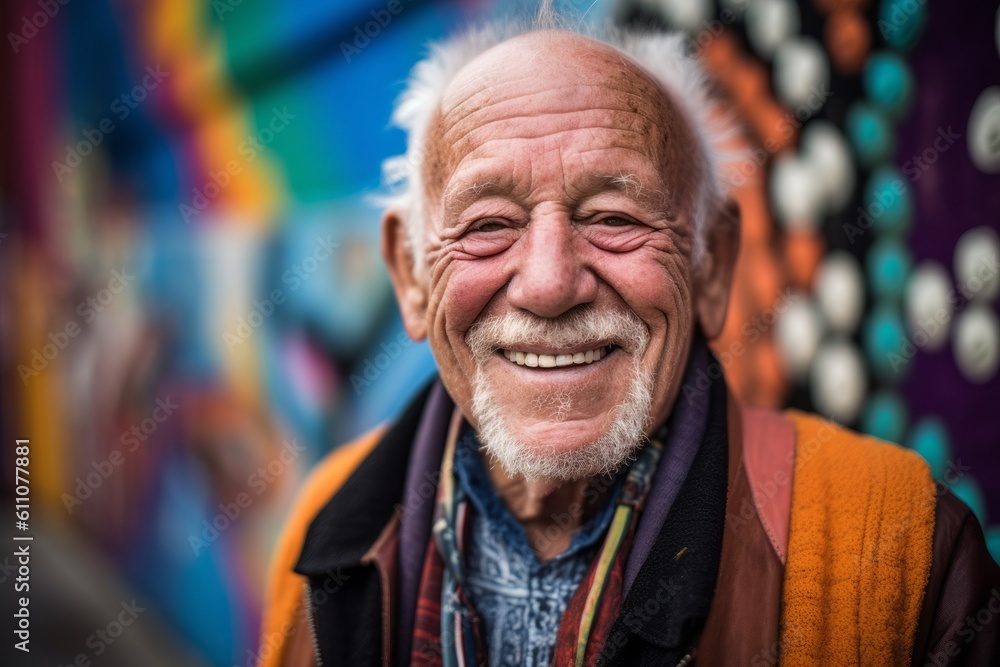 Headshot portrait photography of a happy old man smiling against a vibrant street mural background. With generative AI technology Headshot portrait photography of a happy old man smiling against a vibrant street mural background. With generative AI technology