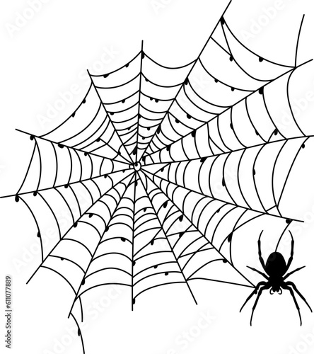 Scary black spider web isolated on white. Spooky halloween decoration.