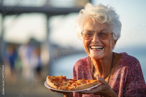 Headshot portrait photography of a glad old woman eating a piece of pizza against a scenic beach pier background. With generative AI technology