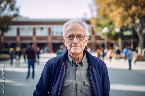 Headshot portrait photography of a glad old man with crossed arms against a bustling university campus background. With generative AI technology