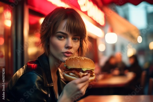 Headshot portrait photography of a tender girl in her 30s eating burguer against a lively pub background. With generative AI technology