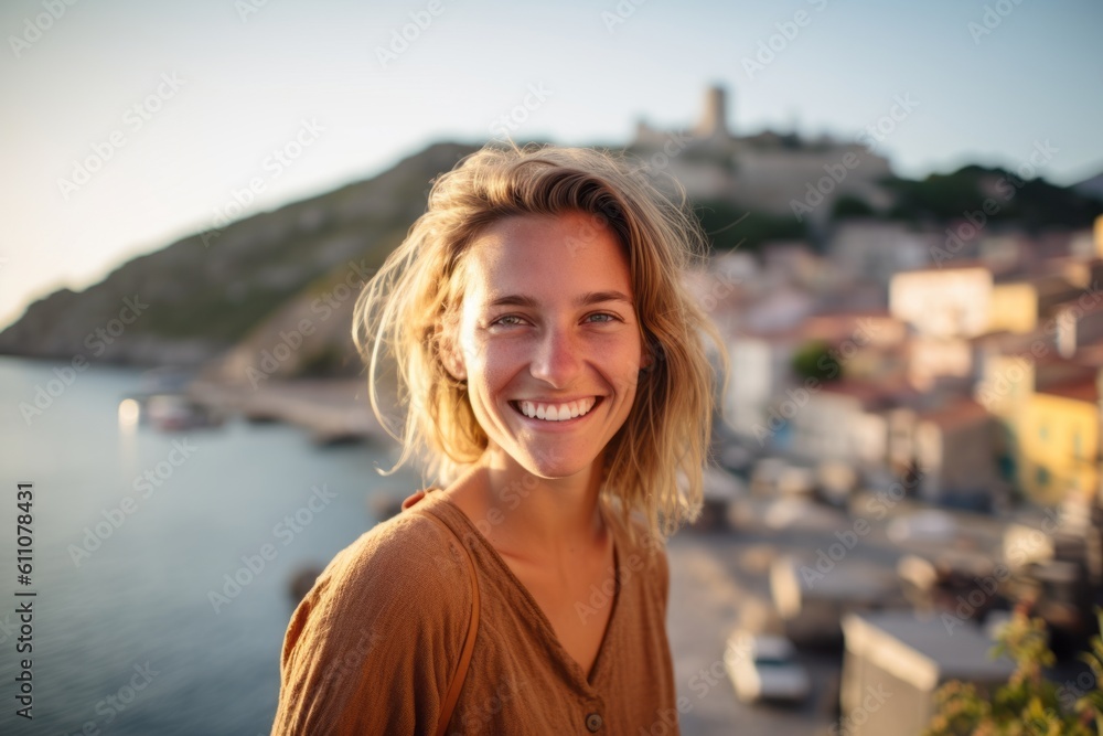 Headshot portrait photography of a happy girl in her 30s building or repairing something against a scenic coastal village background. With generative AI technology Headshot portrait photography of a happy girl in her 30s building or repairing something against a scenic coastal village background. With generative AI technology