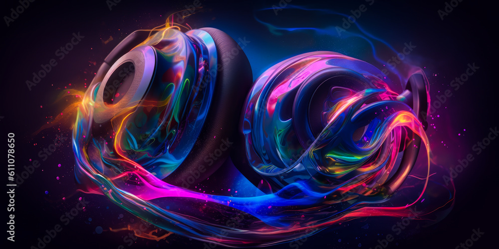 Stunning neon headphones engulfed in vibrant, swirling colors evoke the