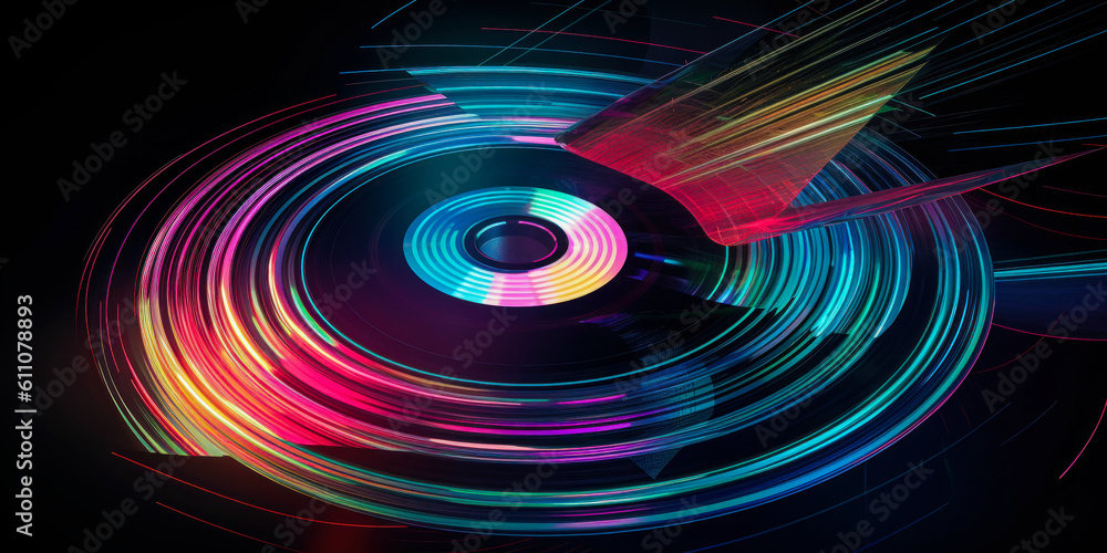 Image of a spinning vinyl record emitting a kaleidoscope of light. Represents the unique blend of 80s music and its enduring legacy. Generative AI Image of a spinning vinyl record emitting a kaleidoscope of light. Represents the unique blend of 80s music and its enduring legacy. Generative AI