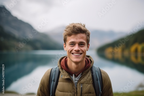 Medium shot portrait photography of a grinning boy in his 30s smiling against a serene alpine lake background. With generative AI technology © Markus Schröder