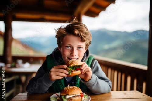 Close-up portrait photography of a satisfied boy in his 30s eating burguer against a picturesque mountain chalet background. With generative AI technology