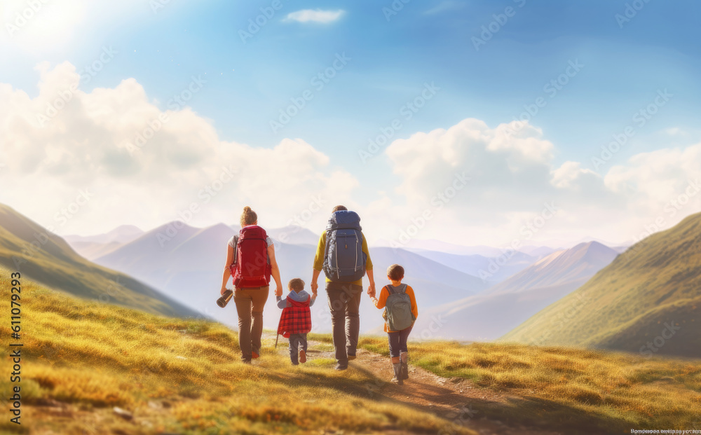 Happy family taking their hiking backpacks on a beautiful hiking trip in high mountains , Travel concept