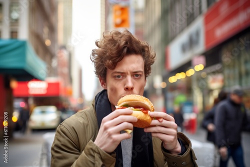 Medium shot portrait photography of a tender boy in his 30s eating burguer against a lively downtown street background. With generative AI technology