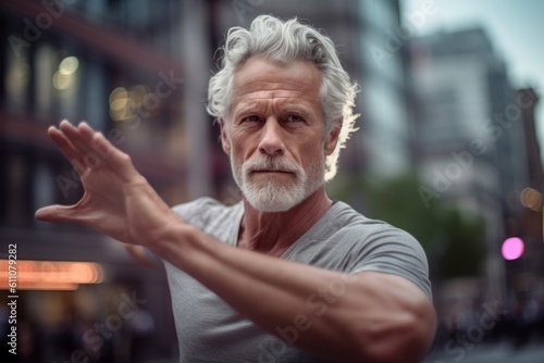 Close-up portrait photography of a glad mature man practicing yoga against a lively downtown street background. With generative AI technology
