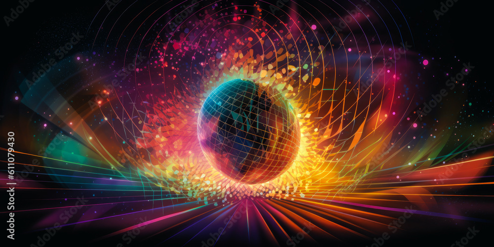 Captivating disco ball swirling with radiant beams of prismatic light, embodying the vibrant spirit of 70s dance music that united people in celebration. Embrace the nostalgia and joy. Generative AI