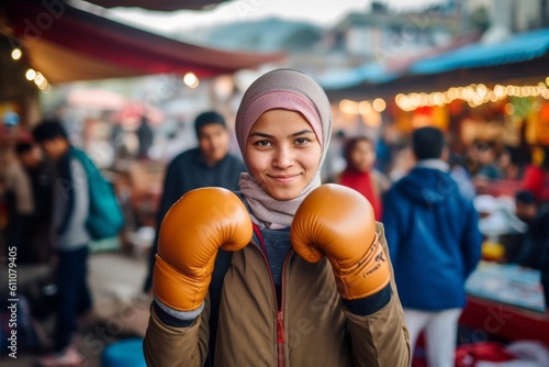 Medium shot portrait photography of a grinning girl in her 30s practicing boxing against a bustling outdoor bazaar background. With generative AI technology