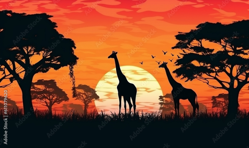elephant wild nature silhouette wildlife africa sunset safari animal giraffe. Generative AI.