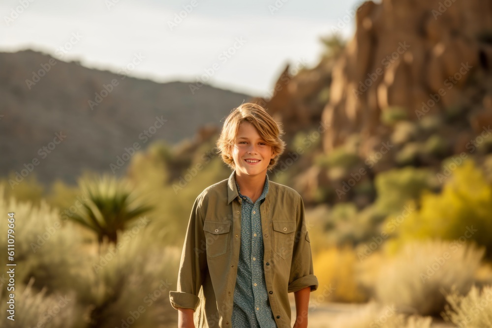 Medium shot portrait photography of a happy kid male walking against a picturesque desert oasis background. With generative AI technology