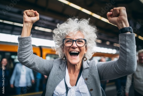 Medium shot portrait photography of a happy mature woman celebrating with his fists against a bustling trainplatform background. With generative AI technology photo