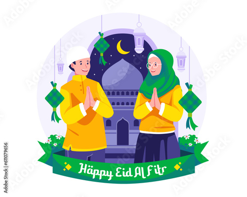 Happy Eid Mubarak with A Muslim man and a woman greeting each other and apologizing on Eid al -Fitr. Vector illustration in flat style
