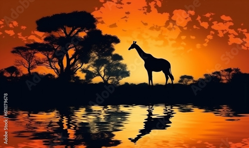 animal silhouette wild elephant safari nature wildlife giraffe africa sunset. Generative AI.