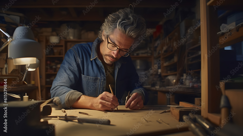 Сarpenter sitting in his workshop,Makes a markup for the future product. Created with Generative AI technology. Сarpenter sitting in his workshop,Makes a markup for the future product. Created with Generative AI technology.