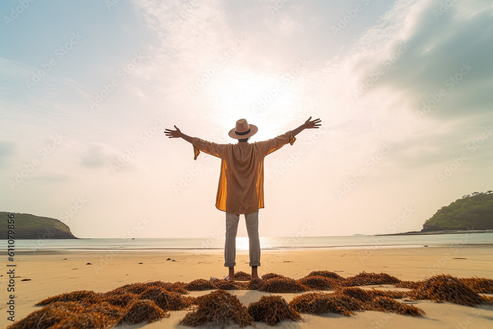 Fototapeta premium Male person in hat on beach with arms up. Travel concept.