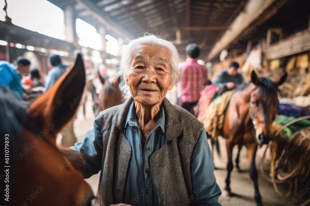 Headshot portrait photography of a satisfied old woman riding a horse against a bustling indoor market background. With generative AI technology