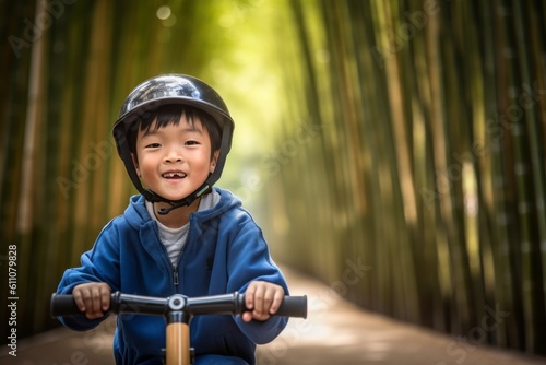 Close-up portrait photography of a satisfied kid male riding an electric scooter against a tranquil bamboo grove background. With generative AI technology