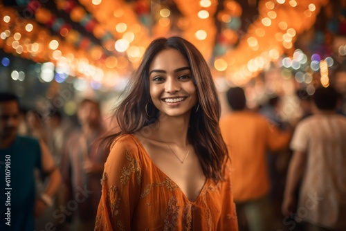 Close-up portrait photography of a satisfied girl in her 30s dancing against a bustling indoor market background. With generative AI technology