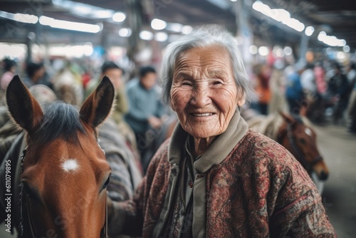 Headshot portrait photography of a satisfied old woman riding a horse against a bustling indoor market background. With generative AI technology