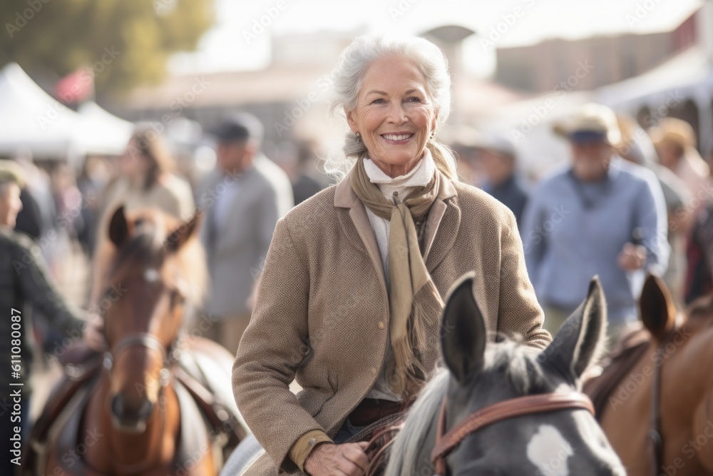 Environmental portrait photography of a grinning mature woman riding a horse against a bustling art fair background. With generative AI technology