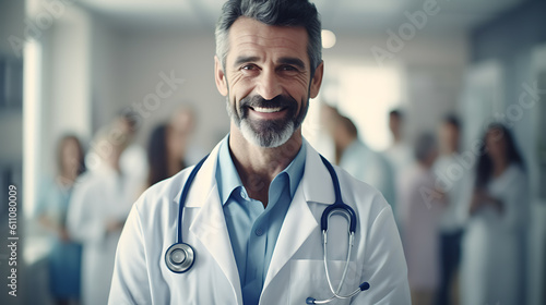 Close-up portrait of a doctor against the backdrop of colleagues. Сreated with Generative AI technology.