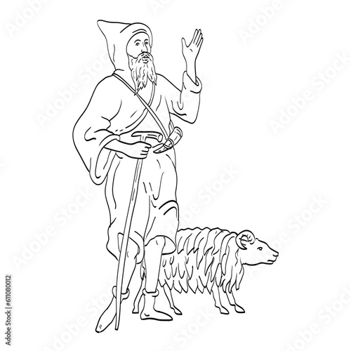 Line art drawing illustration of a medieval shepherd sheepherder or goat herder with staff and sheep done in medieval style on isolated background.