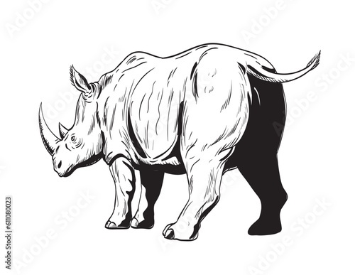 Comics style drawing or illustration of a rhinoceros or rhino  an odd-toed ungulates in the family Rhinocerotidae  charging viewed from low angle isolated background in black and white retro style. 