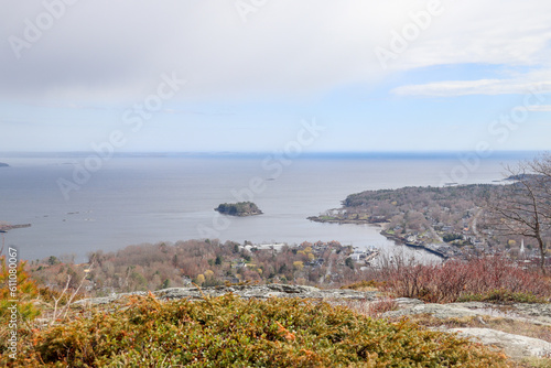 Camden Harbor, Maine from Mount Battie in a rain storm photo