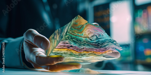 Captivating image of a man's hand skillfully maneuvering holographic geological layers in a digital Earth geology simulation at a geology laboratory. Emotionally stirring! Generative AI photo