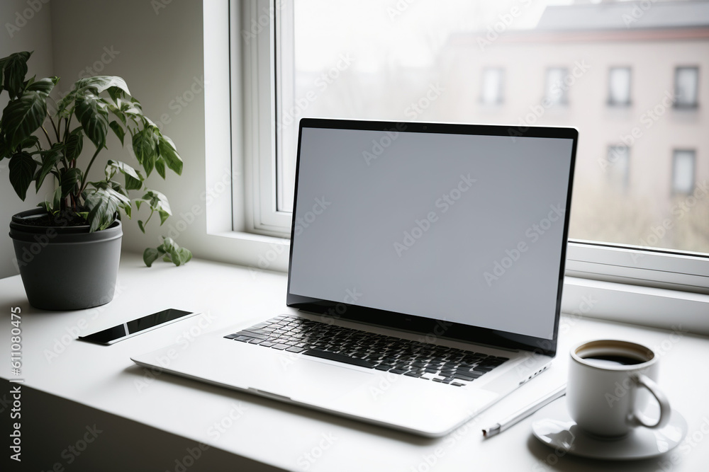 Fototapeta premium laptop mockup on a desk. Generative AI