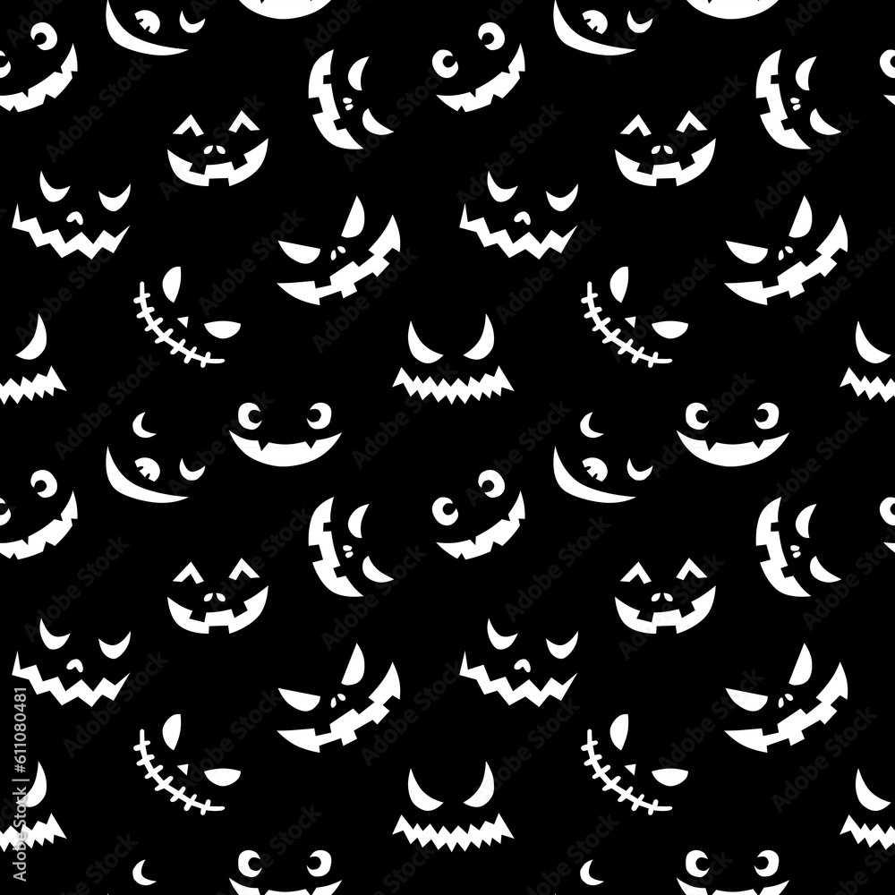 Line art doodle simple seamless pattern with different spooky creepy funny eyes and smiles halloween party backdrop.On black background Line art doodle simple seamless pattern with different spooky creepy funny eyes and smiles halloween party backdrop.On black background