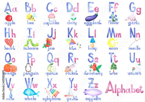 Aquarelle letters with written words, pictured book, cards for education.Watercolor hand drawn illustrated painted kids alphabet of english language.Isolated