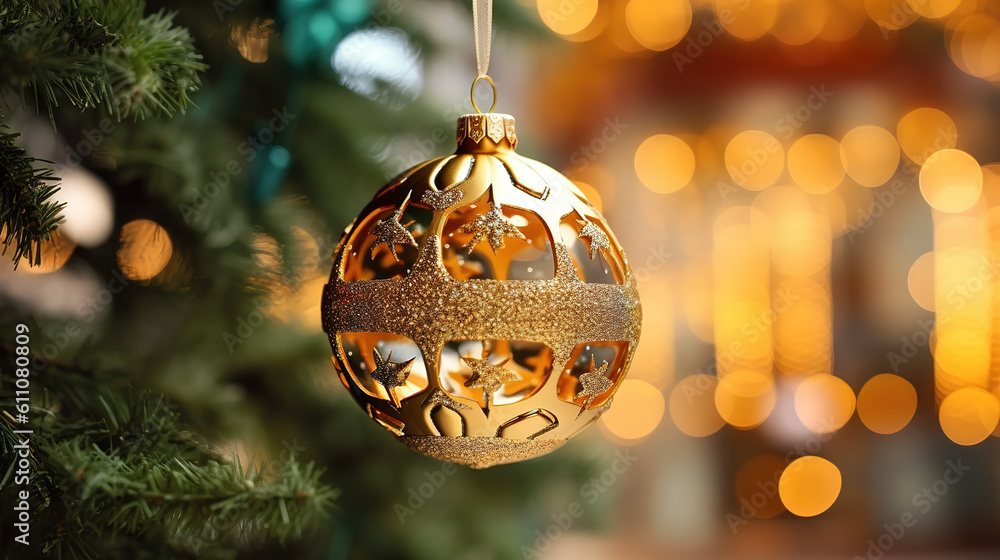 Golden decoration globe on christmas tree close up. Generative ai Golden decoration globe on christmas tree close up. Generative ai