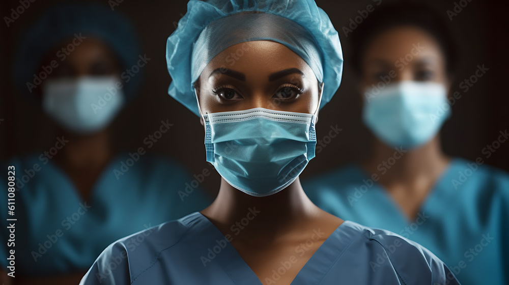 Close-up portrait of a african-americal female surgeon against the modern operating room.?reated with Generative AI technology.
