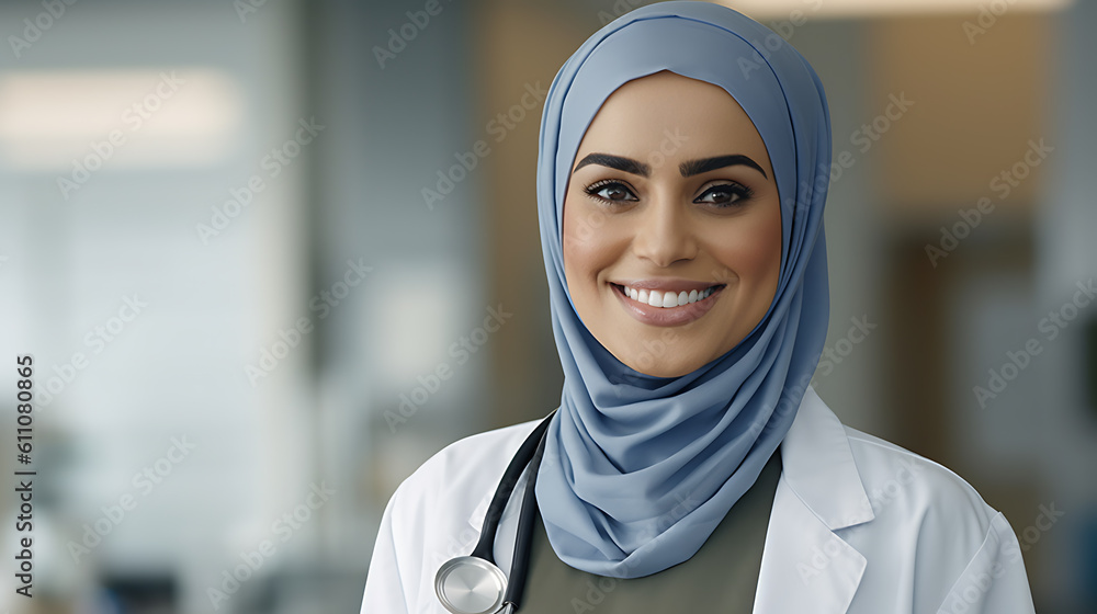 Portrait of a young Muslim woman doctor standing in the hall of the hospital dressed in a hijab