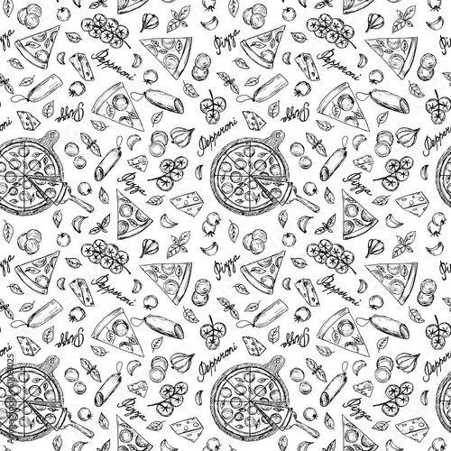 Hand illustrated seamless pattern with pepperoni pizza slices, round on a tray, tomatoes, salami, basil and garlic.Handwritten word 