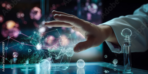 Captivating image of a man's hand expertly maneuvering a virtual atomic structure, with an intriguing blurred background featuring a scientist in white lab coat. Generative AI