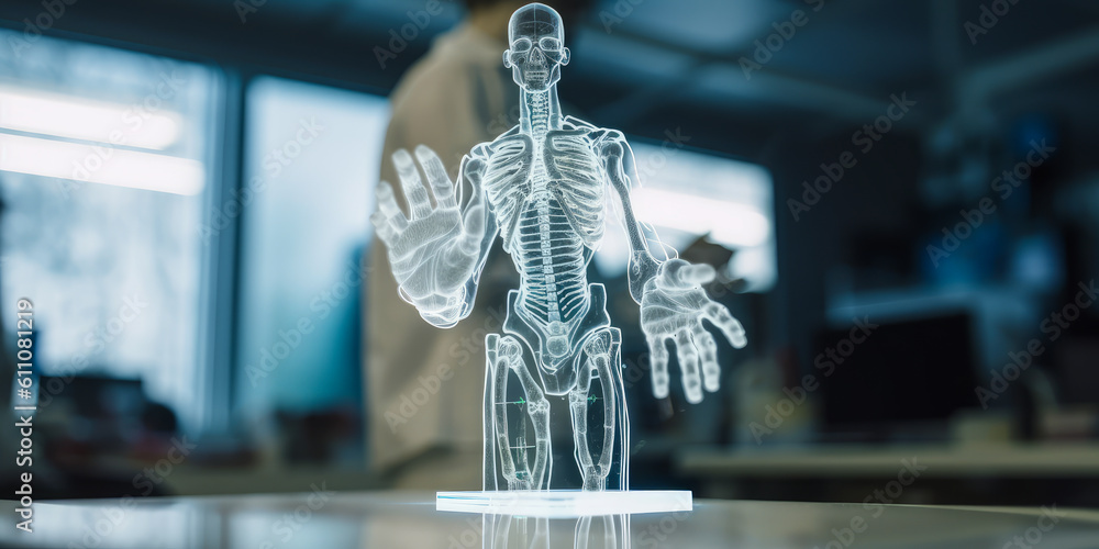 main d'homme manipulant un modèle virtuel d'anatomie humaine, arrière-plan d'un medecin en blouse blanche. Image montrant l'excellence d'un laboratoire de recherche médicale. Generative AI