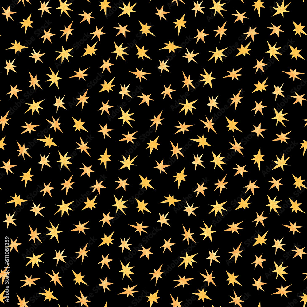 A lot of watercolor yellow stars as seamless pattern on black backgound.Print bithday, b-day,christmas, new year cards,invitations.Aquarelle design elements A lot of watercolor yellow stars as seamless pattern on black backgound.Print bithday, b-day,christmas, new year cards,invitations.Aquarelle design elements